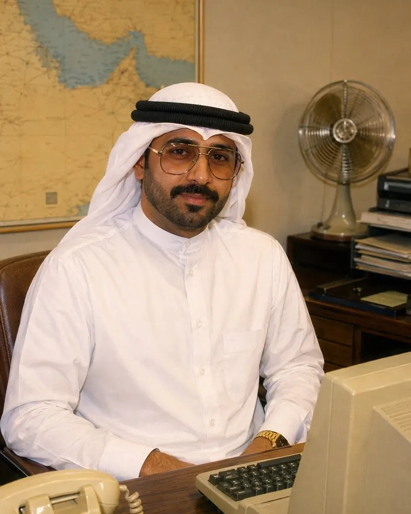 صورة المكتب الحديثة تعود إلى مكتب الثمانينات: مكتب خشبي، شاشة كمبيوتر بيج، هاتف قرصي، ومروحة مكتب.