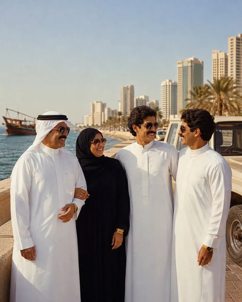 صورة العائلة على الكورنيش وقت الغروب تصير لقطة صيف من الثمانينات: لاندكروزر أبيض بجانب السور، ومركب شراعي في البحر.