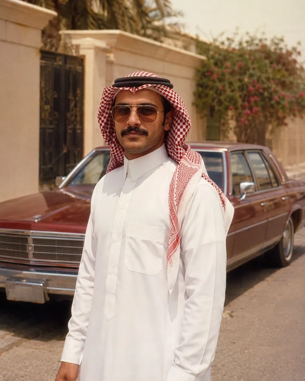 رجل سعودي بثوب أبيض وشماغ أحمر وعقال ونظارة شمسية ملونة أمام كابرس عنابي في شارع بالرياض، صورة بستايل الثمانينات من FaceCast