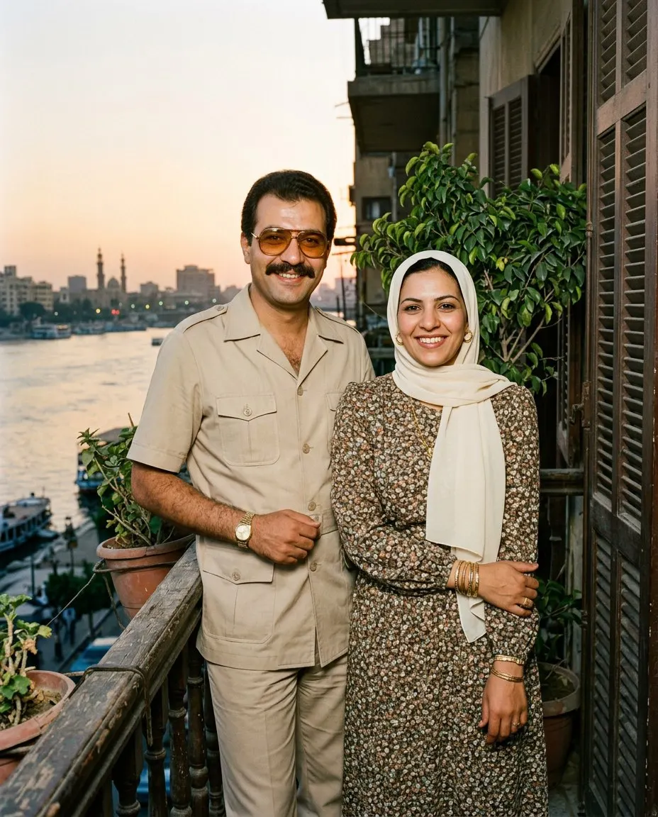 زوجان على شرفة تطل على النيل وقت الغروب: هو ببدلة سفاري بيج بأكمام قصيرة ونظارة ملونة وشنب وساعة ذهبية، وهي بطرحة كريمية تغطي الشعر وفستان طويل منقوش بأكمام طويلة وأساور ذهب