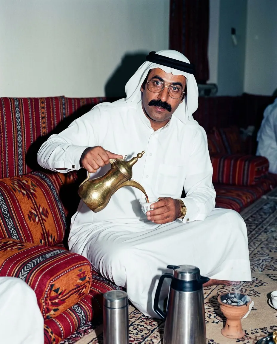 رجل بثوب أبيض وغترة بيضاء وعقال ونظارات ذهبية وشنب وساعة ذهبية، جالس على الأرض في مجلس بمساند حمراء منقوشة يصب القهوة العربية من دلة نحاسية في فنجان، وأمامه ترامس ومبخرة