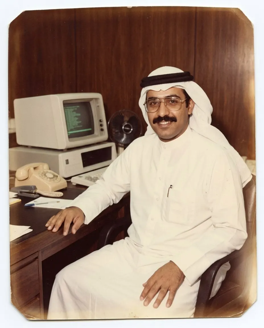 رجل بثوب أبيض وغترة بيضاء وعقال ونظارات ذهبية وشنب وقلم في جيب الصدر، جالس إلى مكتب خشبي أمام كمبيوتر بيج قديم وهاتف بقرص دوار ومروحة، في صورة باهتة بحواف مستديرة