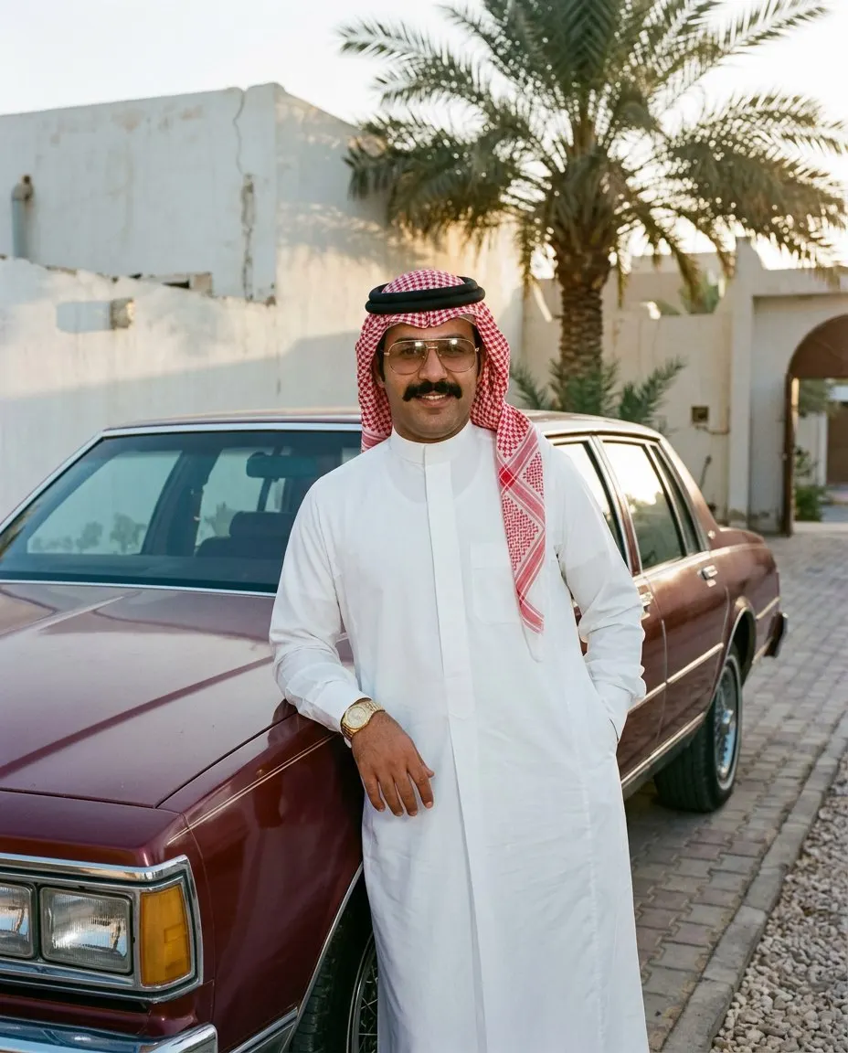 رجل بثوب أبيض مكوي وشماغ أحمر وأبيض وعقال أسود ونظارة أفياتور ذهبية وشنب وساعة ذهبية، متكئ على سيارة عنابية في حوش فيلا بيضاء مع نخلة