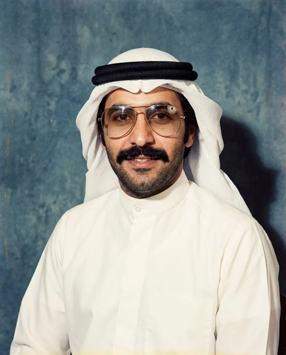 رجل بثوب أبيض مكوي وغترة بيضاء وعقال أسود ونظارة أفياتور ذهبية بعدسات متدرجة وشنب كثيف، بورتريه استوديو على خلفية زرقاء مرقطة بفلاش مباشر