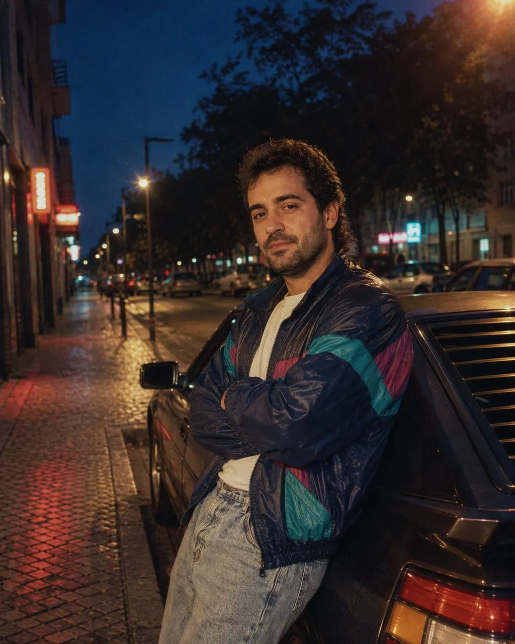 80’ler stilinde araba fotoğrafı: dönemin spor arabasının yanında deri ceketli, kabarık saçlı kişi, neon tabelalı 1986 akşamı sokağı