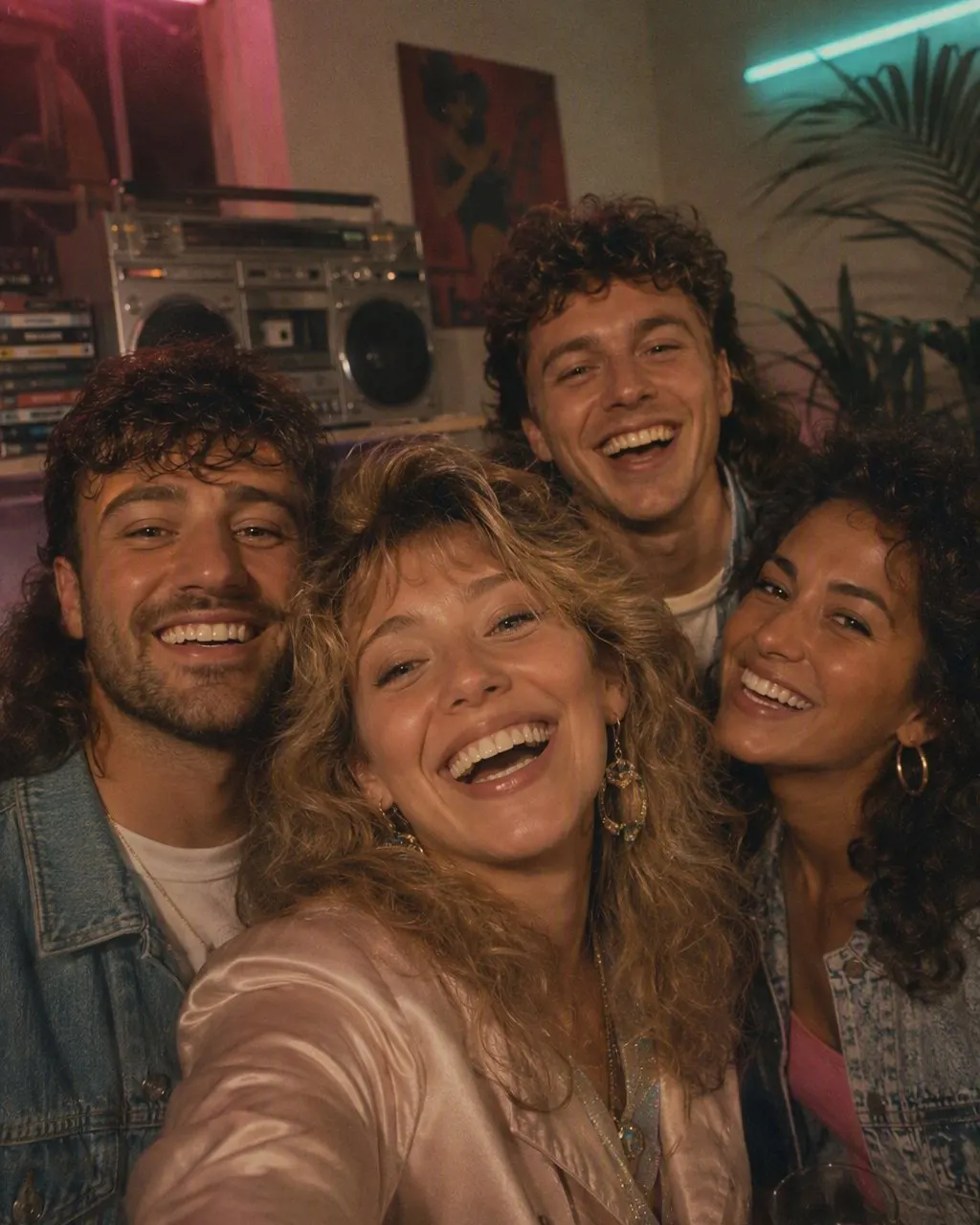 FaceCast ile 80’ler ev partisine çevrilmiş arkadaş grubu fotoğrafı: kasetçalar, neon pembe ve turkuaz ışık, kot ceketler ve kabarık saçlar