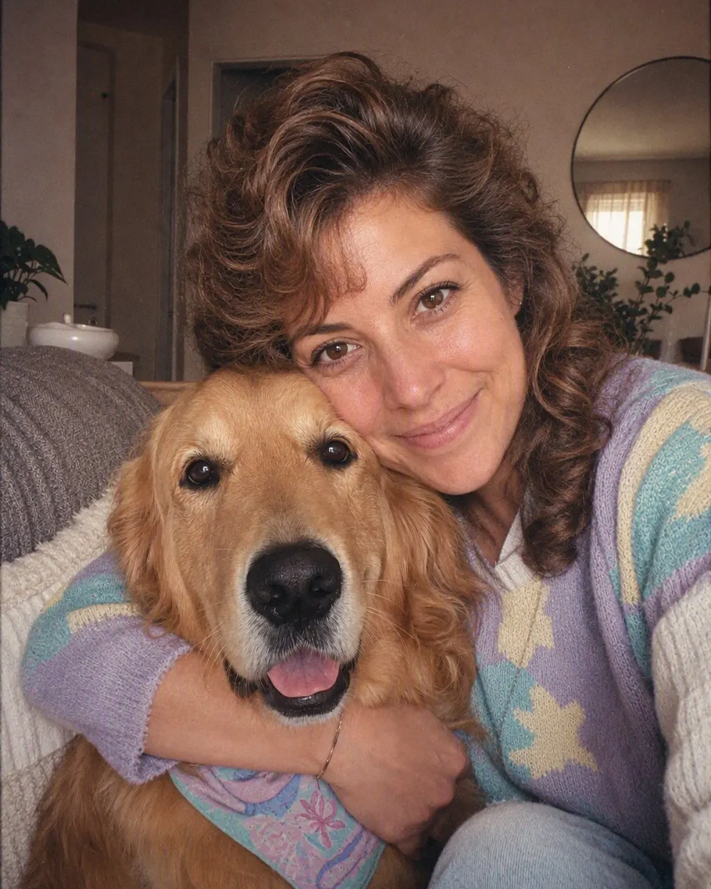 Bir köpek ve sahibinin 80’ler stilindeki oturma odası portresi: desenli kanepe, sert flaş, film greni ve köpeğin boynunda küçük bir bandana