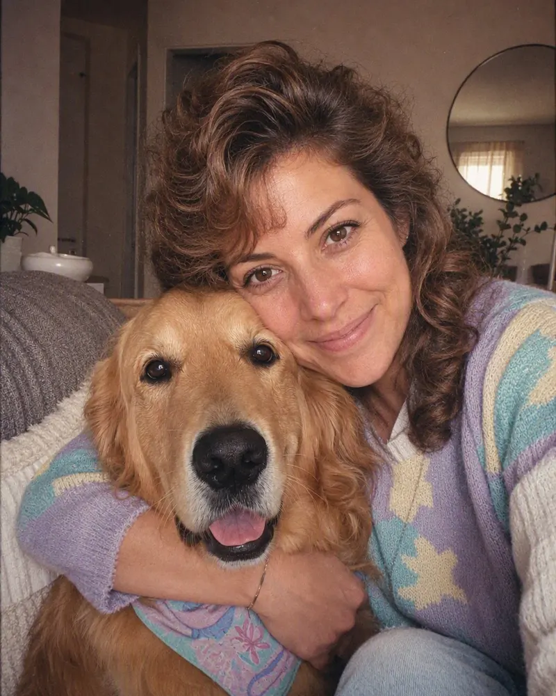 Köpeğinizle koltuk fotoğrafı; köpek aynı, bandana 80’lerden.