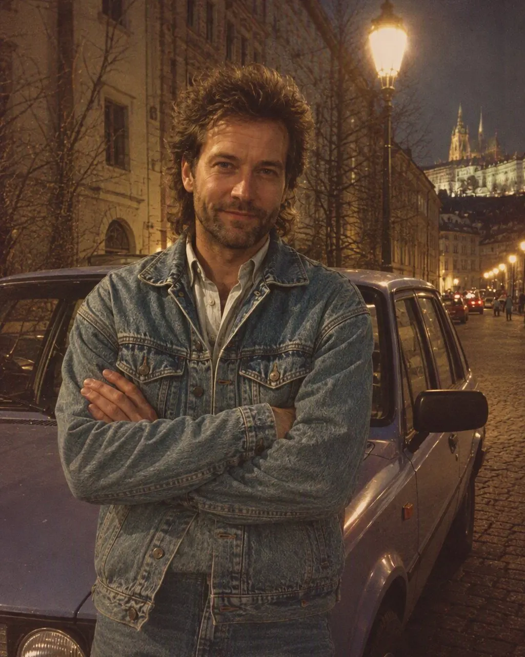 Snímek u auta ve stylu 80. let od FaceCast: Škoda 120 v ulici za večerního světla, ostrý blesk a filmové zrno