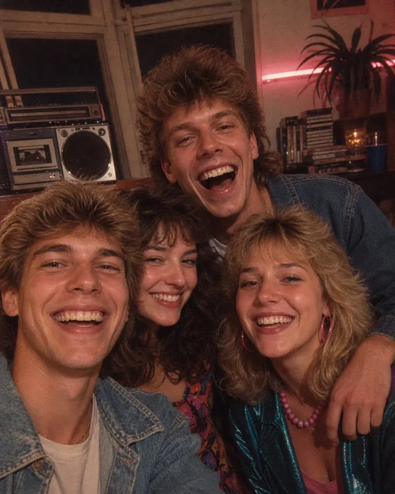 Skupinové selfie se přesouvá na domácí párty v paneláku v roce 1986.