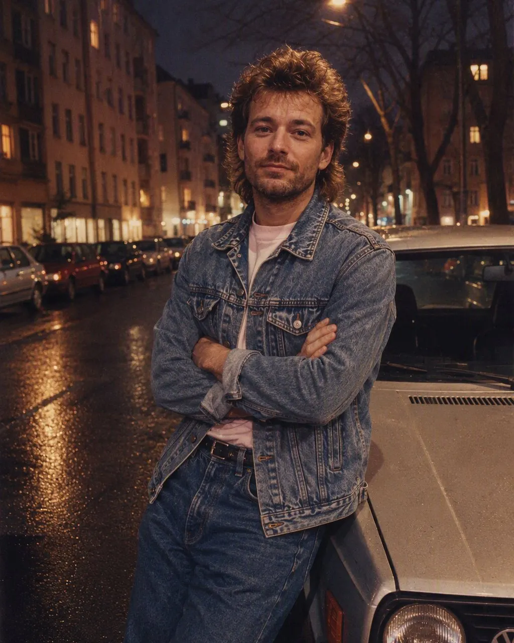 Person neben einem VW Golf II im 80er-Jahre-Stil, mit KI erzeugt