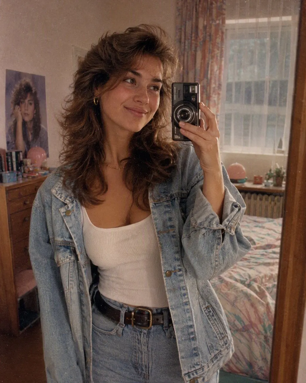 Auch ein Spiegel-Selfie reicht: Das Handy verschwindet, die Haare bekommen Volumen, und im Rücken steht der Studiohintergrund von 1986.