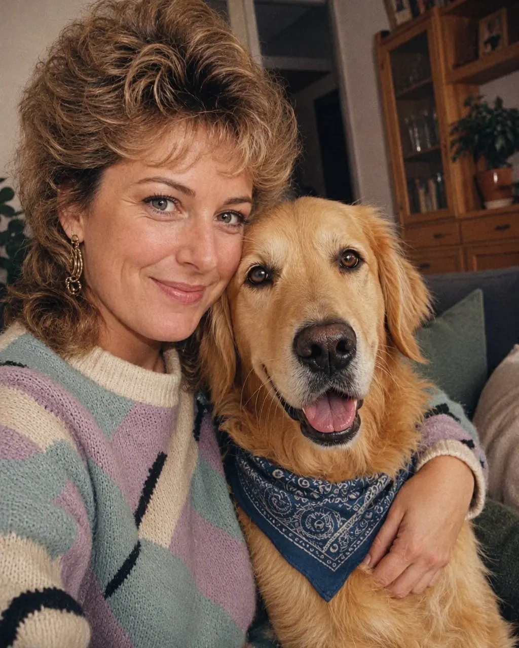 Stilisiertes Porträt einer Person mit ihrem Hund auf dem Sofa