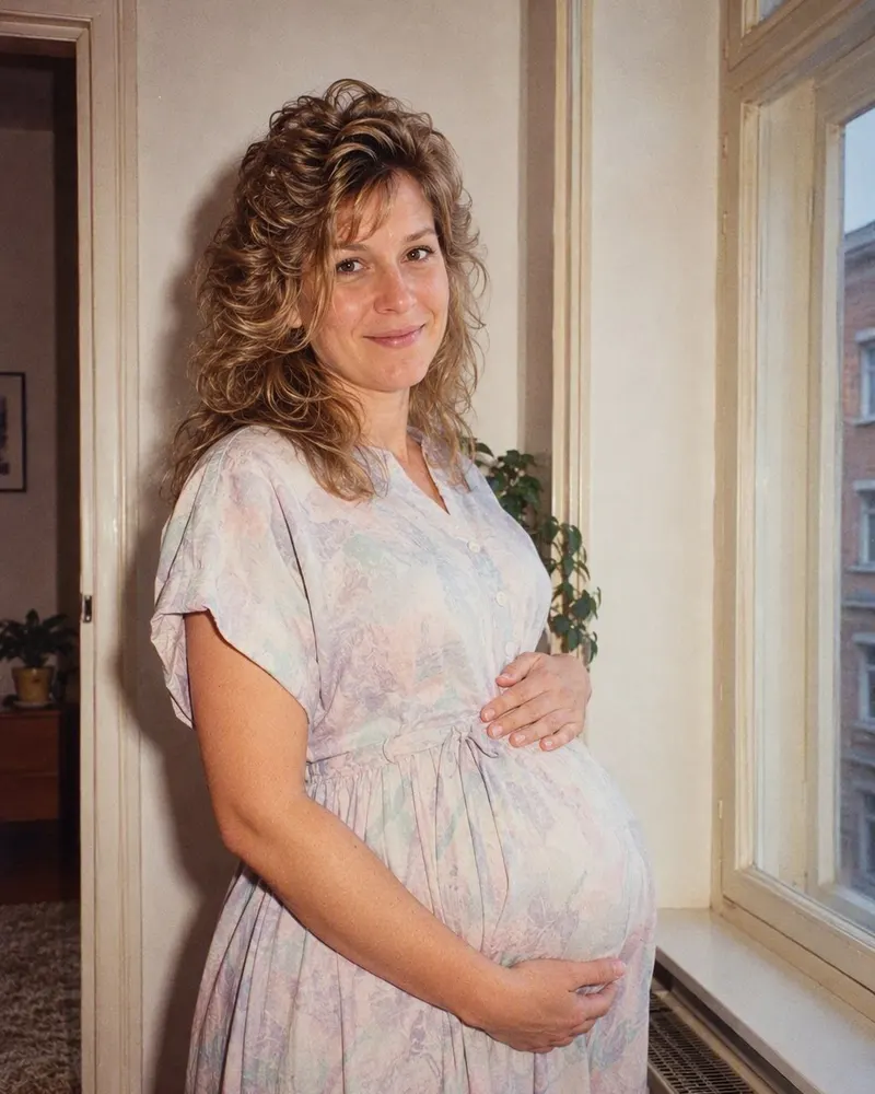 Das Babybauchfoto am hohen Altbaufenster wird zum Schwangerschaftsshooting der 80er Jahre.