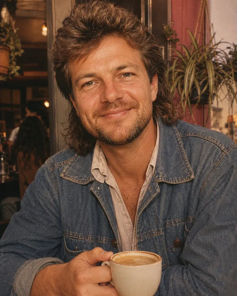 Ein Porträt aus dem Café: Haare, Jackett und Blitz wandern in die 80er Jahre.