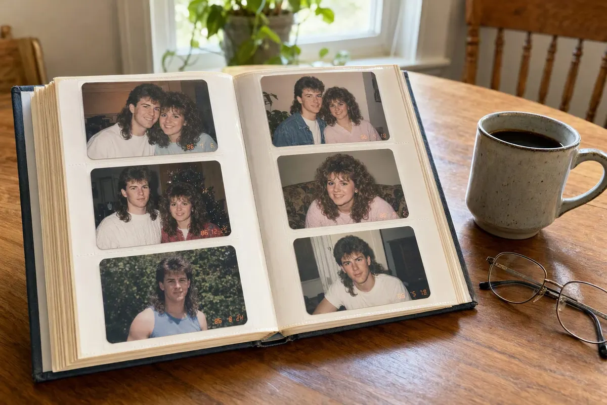 Aufgeschlagenes Fotoalbum aus den 80er Jahren mit kleinen Farbabzügen von 1986 auf einem Küchentisch, daneben Kaffeetasse und Lesebrille
