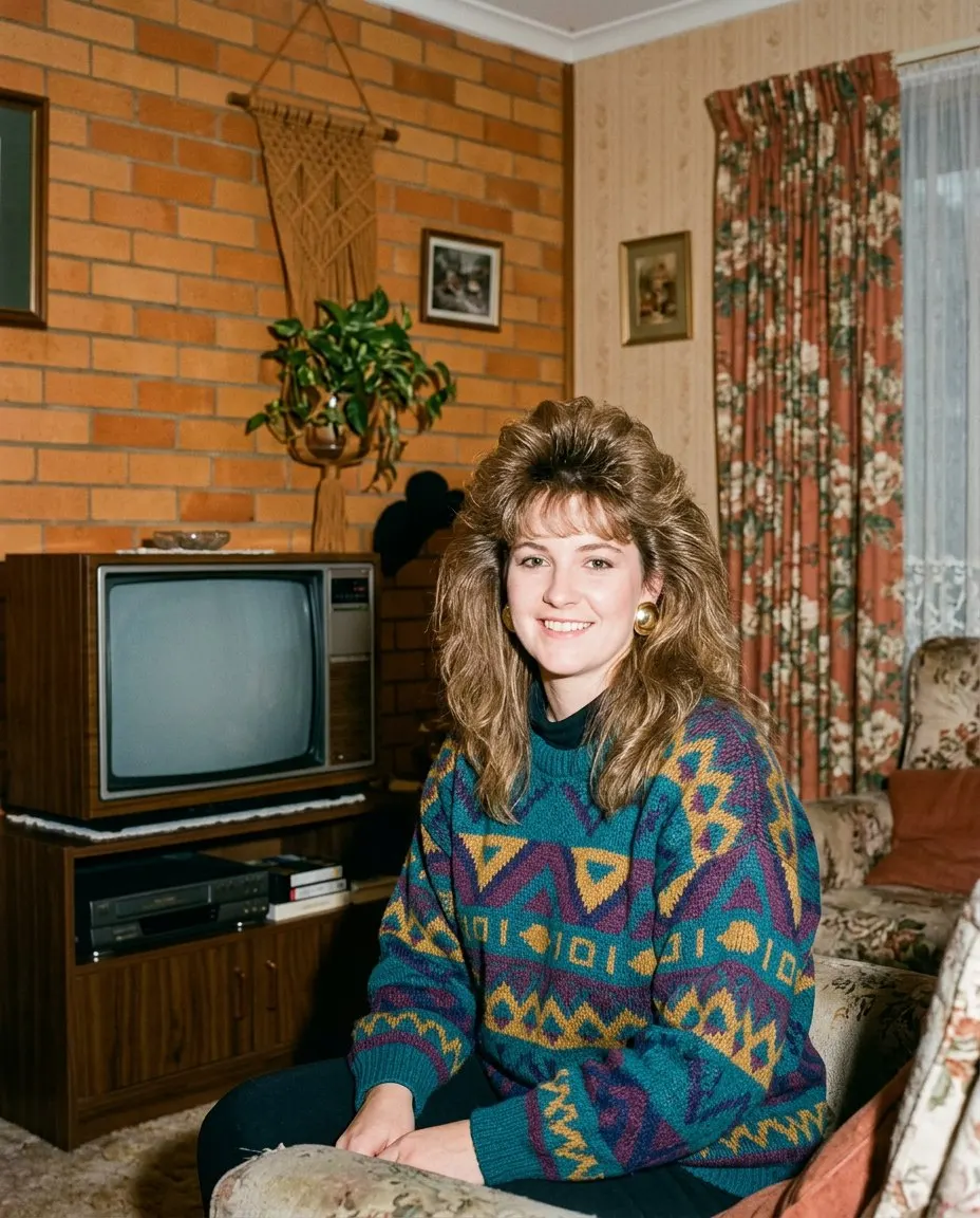 A 1986 snapshot of a woman with big feathered blow-dried hair and gold disc earrings in a teal, purple and mustard geometric knit jumper, seated on a floral armchair in a lounge room with a brick wall, a macrame hanging plant and a switched-off television