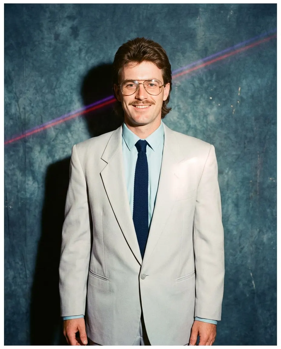 A 1986 studio portrait of a man with a mullet, aviator glasses and a moustache in a pale grey suit with a navy knit tie over a light blue shirt, against a mottled blue backdrop with a laser streak
