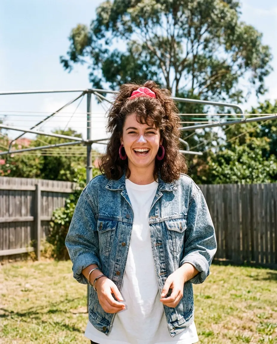 A summer 1986 backyard snapshot of a laughing woman with big curly hair, a pink scrunchie and pink earrings in an acid wash denim jacket over a white tee, standing in front of a rotary clothesline