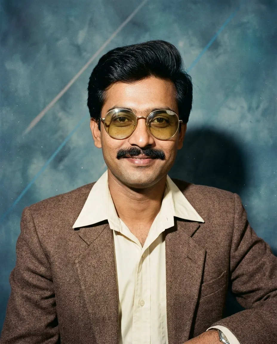 A 1985 studio head and shoulders portrait of a man with a thick moustache and yellow-tinted round glasses in a brown tweed blazer over a cream shirt, against a mottled blue backdrop with laser streaks