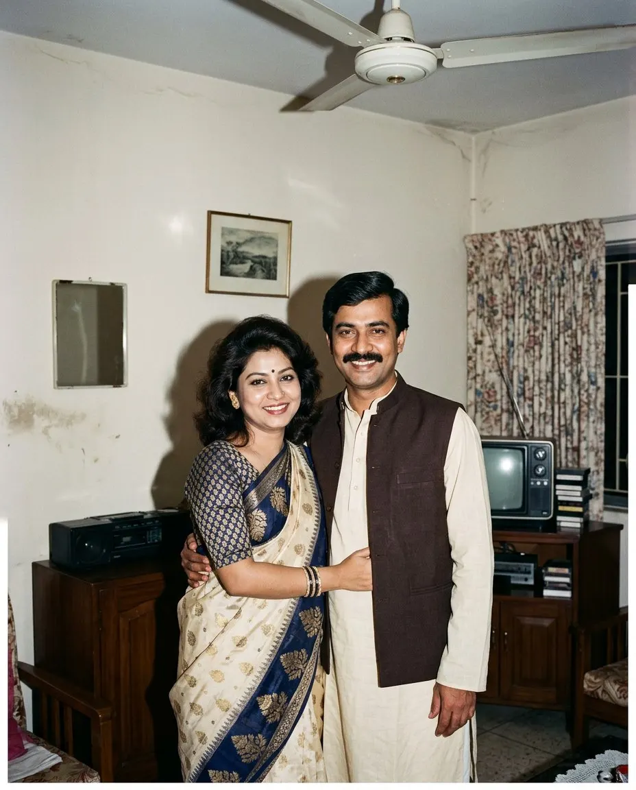 A 1986 snapshot of a smiling couple in a Dhaka living room, she in a navy and cream brocade sari with a bouffant blow-dry and gold bangles, he in a cream kurta under a dark brown waistcoat, beside a cassette player and a television under a ceiling fan with hard direct flash