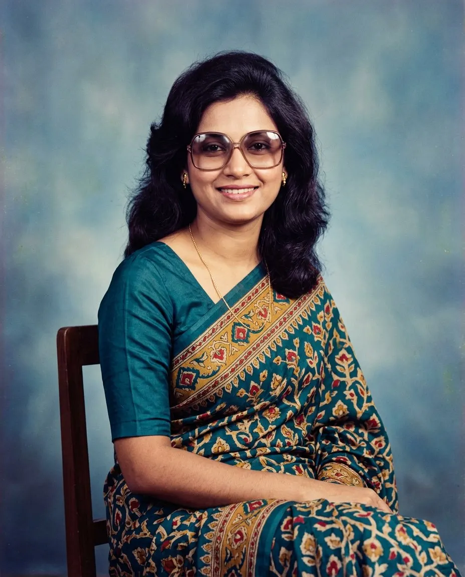 A 1986 studio portrait of a woman with blow-dried shoulder-length hair and large tinted glasses in a teal printed sari with a thin gold chain, seated on a wooden chair against a mottled blue backdrop