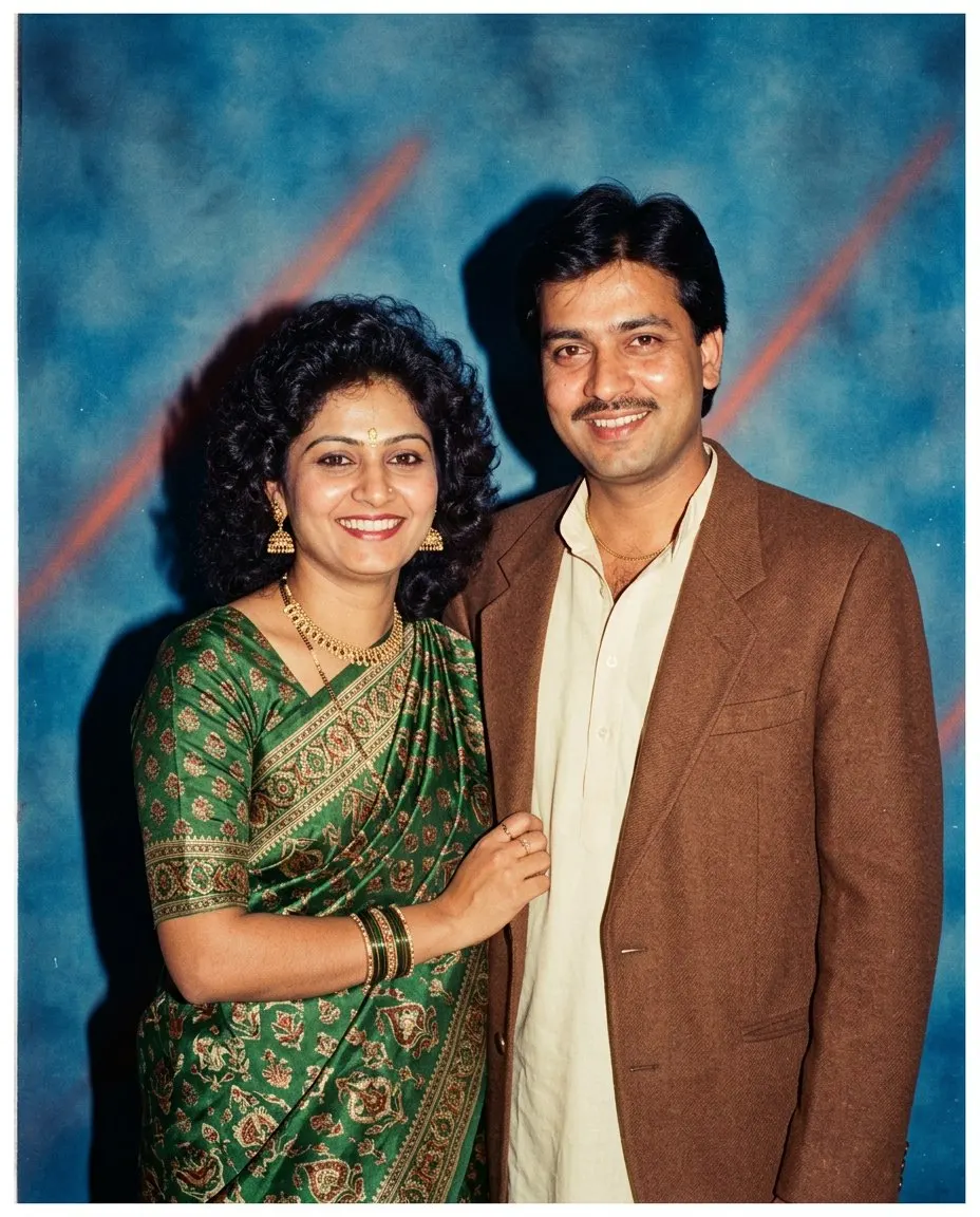 A couple in a 1980s photo studio, the woman with permed hair in a printed green silk saree with gold jhumkas and bangles, the man with a moustache in a cream kurta under a brown blazer, standing close in front of a mottled blue backdrop with orange laser streaks