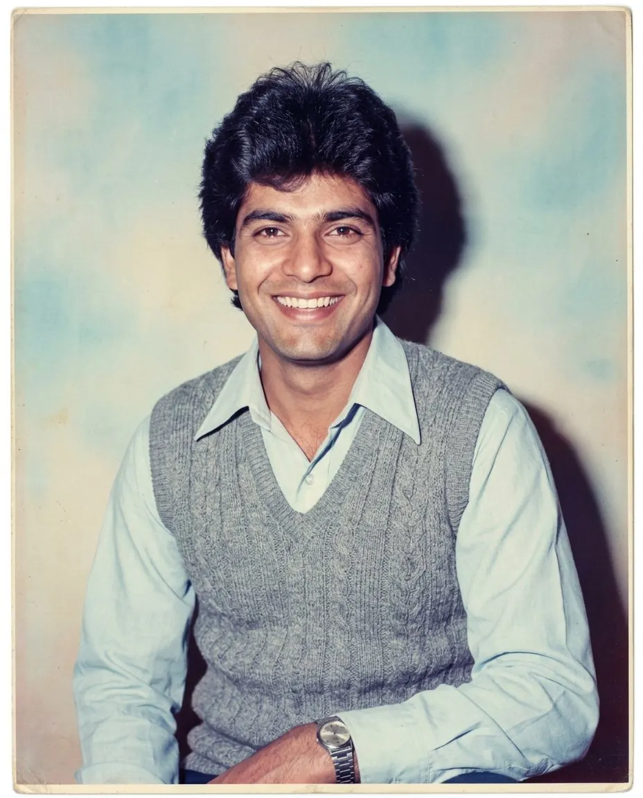A clean-shaven man with thick feathered hair grinning at the camera in a light blue wide-collar shirt under a grey cable-knit sleeveless jumper with a steel watch, in front of a pastel blue painted studio backdrop with a hard 1980s flash shadow and warm faded film colour