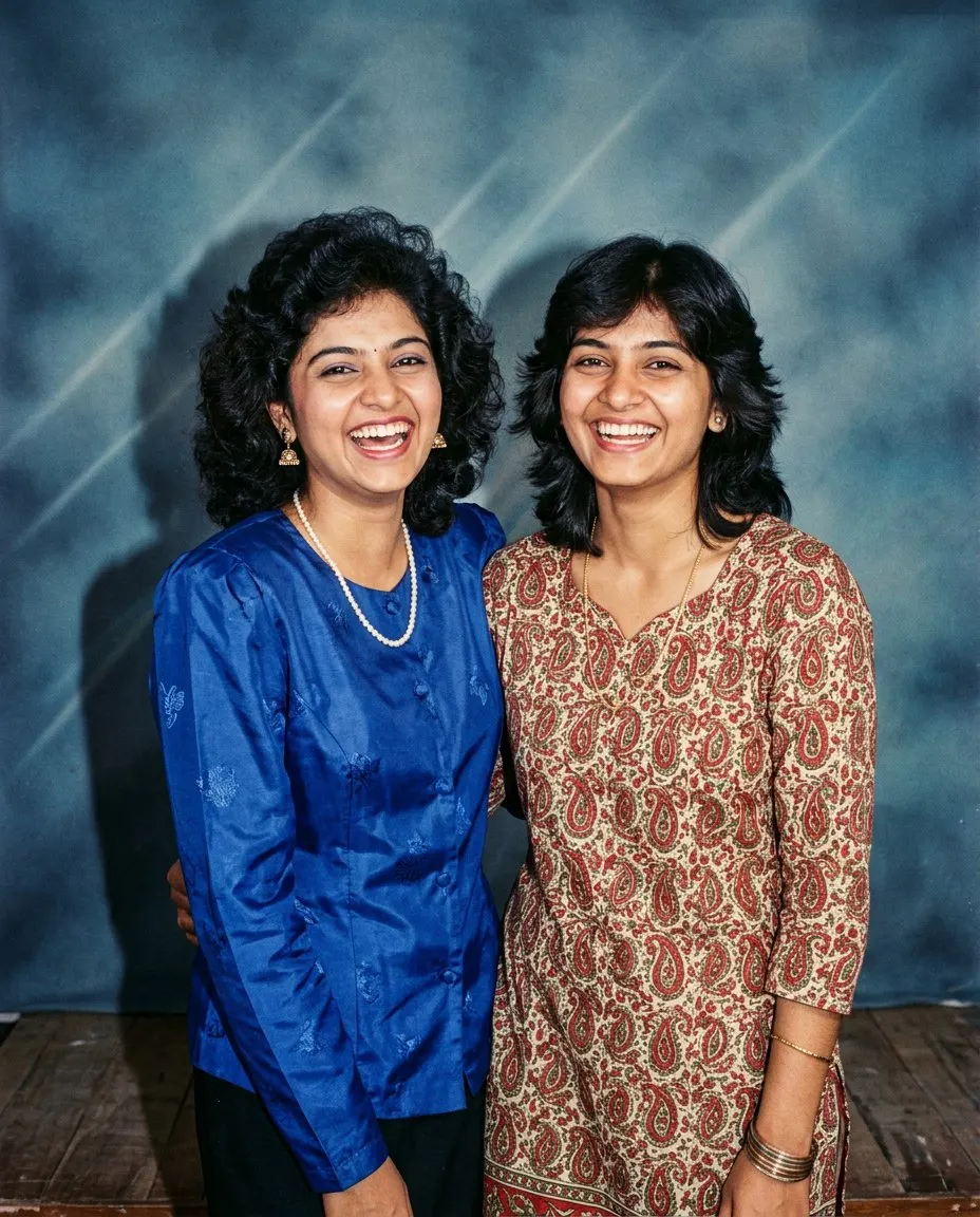 Two women laughing shoulder to shoulder in a 1980s photo studio, one with big permed hair in a royal blue silk blouse with a pearl necklace, the other with feathered hair in a red and cream printed salwar kameez, in front of a mottled blue backdrop with pale laser streaks
