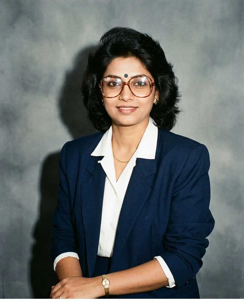 A woman in an office headshot with feathered dark hair, large oversized tortoiseshell spectacle frames, small gold studs and a bindi, in a navy blazer with shoulder pads over a white blouse, in front of a mottled grey 1980s studio backdrop with a hard flash and film grain