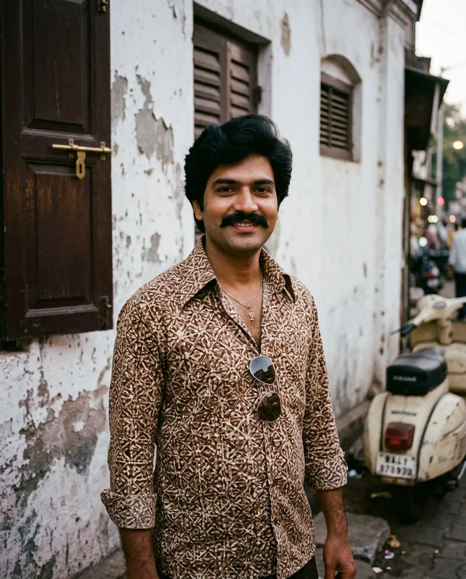 A man with full side-parted hair, a moustache and a thin gold chain in a wide-collar printed brown and cream shirt with aviator sunglasses hooked on the placket, standing in a narrow Mumbai street at dusk beside a parked scooter, a peeling whitewashed wall and dark wooden shutters behind him, in faded 1980s film colour