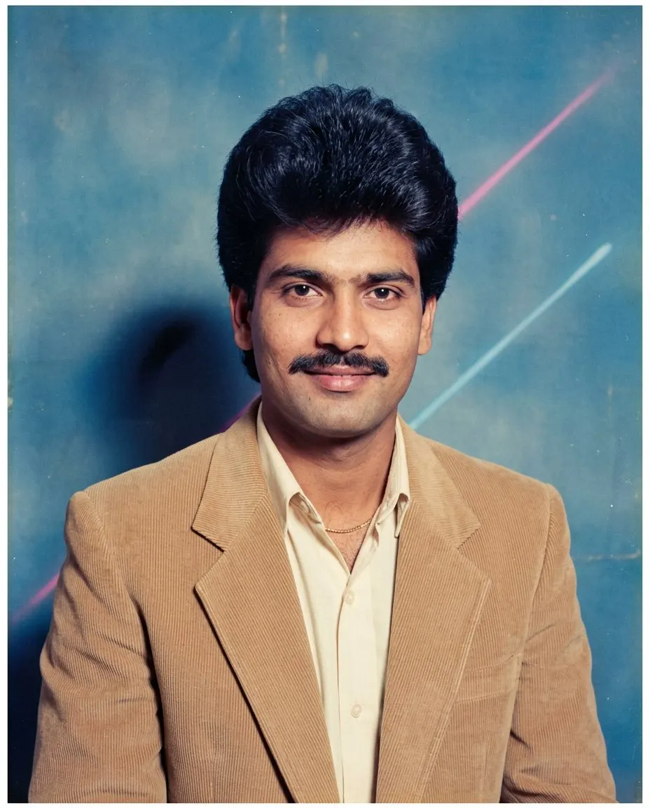 A man with tall feathered hair and a neat moustache in a tan corduroy blazer with wide lapels over a cream shirt open at the collar with a thin gold chain, in front of a mottled blue studio backdrop with pink and pale blue laser streaks under a hard 1985 flash
