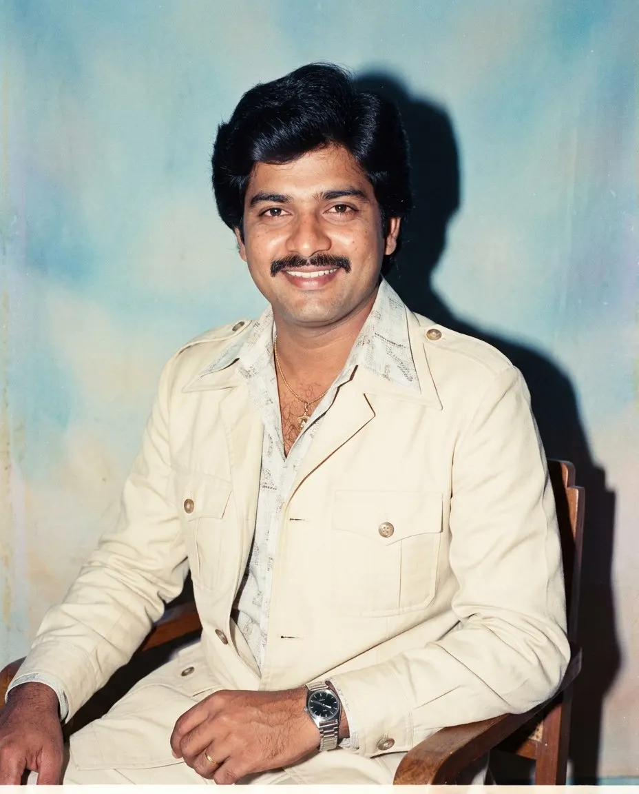 A man with full side-parted hair and a moustache in a cream safari suit over a patterned shirt, a thin gold chain and a steel watch, seated on a wooden chair in front of a pastel blue painted studio backdrop with a hard 1980s flash shadow and faded film grain