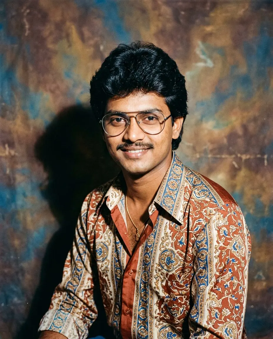 A man with thick feathered hair, a light moustache and aviator spectacle frames in a wide-collar printed silk shirt in rust, cream and blue with a thin gold chain, in front of a mottled brown and blue painted studio backdrop with a hard 1980s flash shadow