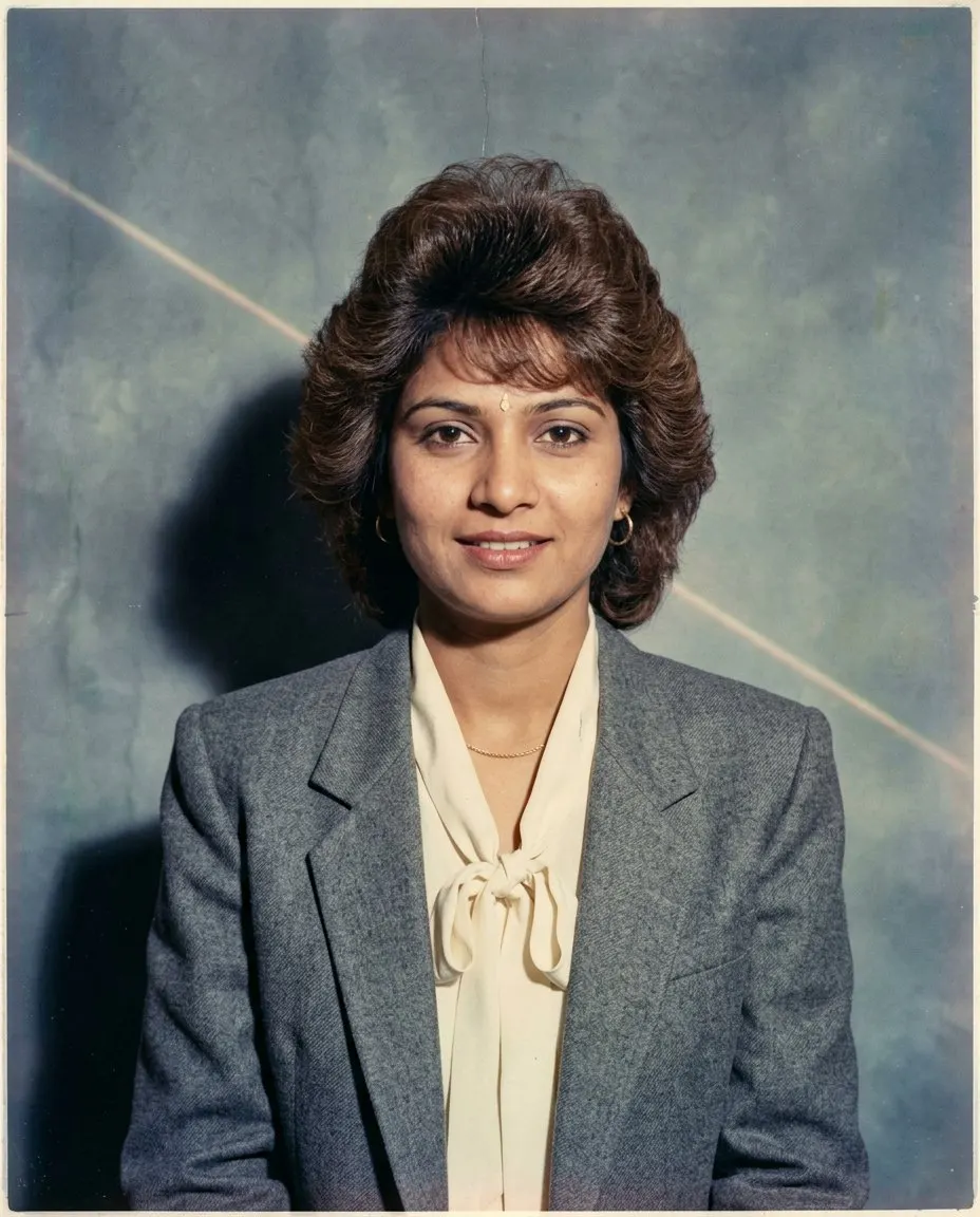 A woman with voluminous feathered hair and a swept fringe, small gold hoops and a small bindi, in a grey shoulder-padded blazer over a cream blouse with a bow at the collar, in front of a grey blue studio backdrop with a thin diagonal laser streak and a hard 1980s flash