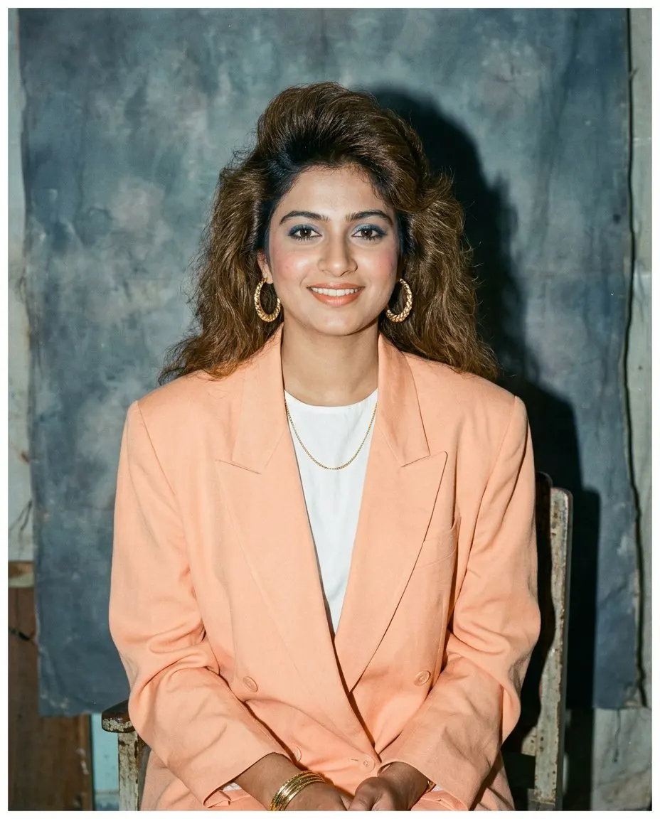 A woman with big teased feathered hair, blue eyeshadow and gold hoop earrings in an oversized peach blazer over a white top, seated in front of a grey mottled canvas backdrop in a small 1980s photo studio with a hard flash and faded film colour