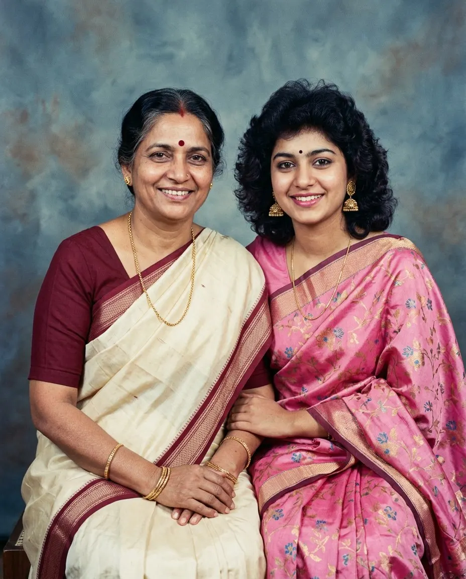 A mother in her fifties in a cream silk saree with a maroon border and gold bangles seated beside her adult daughter with big permed hair in a pink floral silk saree and gold jhumkas, both smiling in front of a mottled blue grey 1980s studio backdrop
