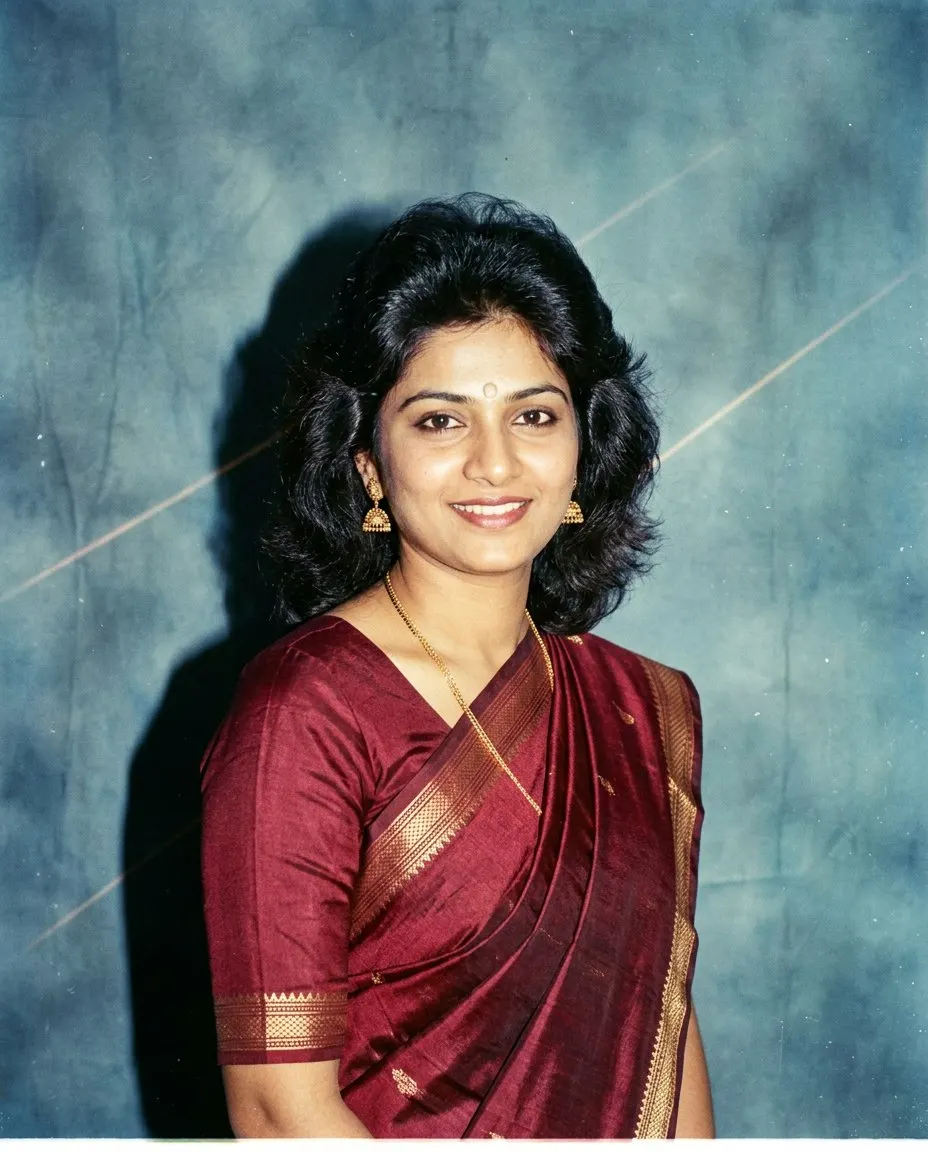 A woman in a maroon silk saree with a gold zari border, gold jhumka earrings and a small bindi, her feathered hair blow-dried high, posed in front of a mottled blue studio backdrop with thin laser streaks under a hard 1980s flash with faded film colour