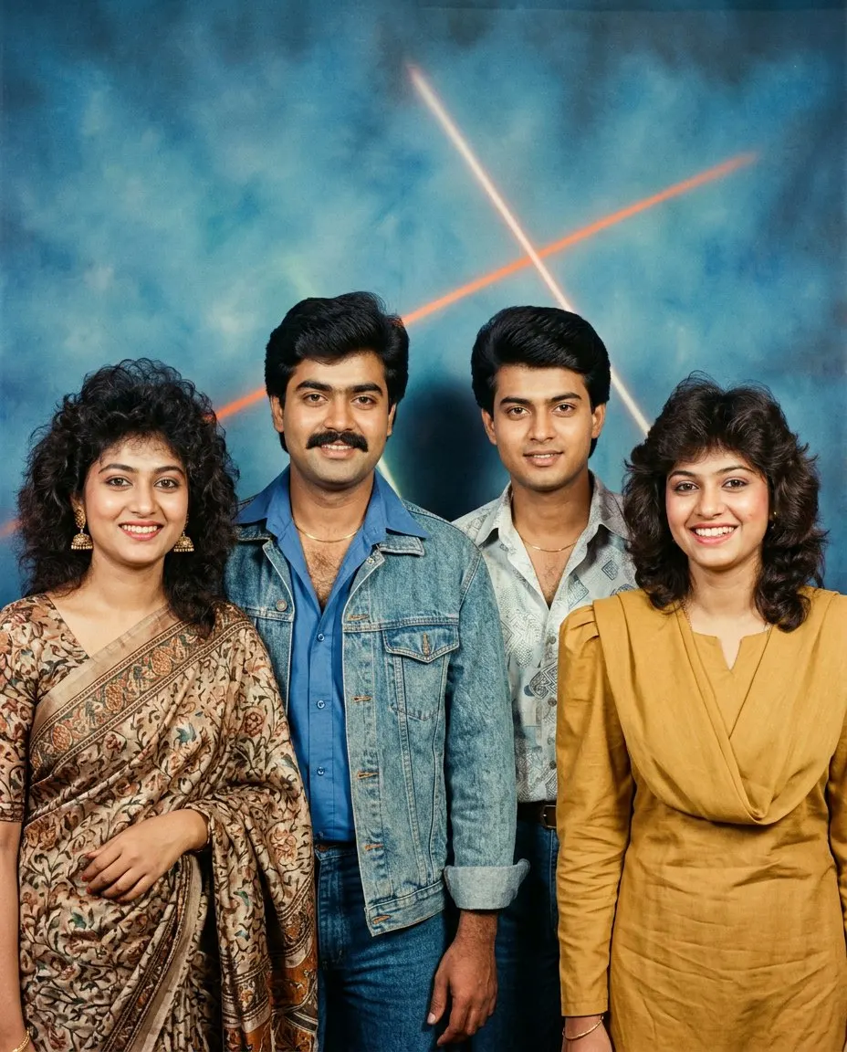 Four friends in a 1980s photo studio, two women with big permed and feathered hair in a printed silk saree and a mustard salwar kameez with shoulder pads, two men with full side-parted hair in a denim jacket and a patterned shirt, in front of a mottled blue backdrop with crossed orange laser streaks