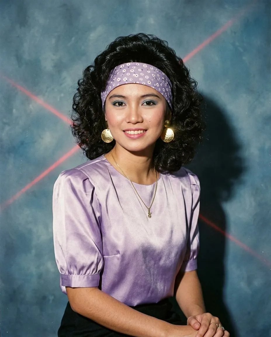 A 1986 studio portrait of a woman with big permed hair, a floral headband and gold disc earrings in a lilac satin puff-sleeve blouse, against a mottled blue backdrop with red laser streaks