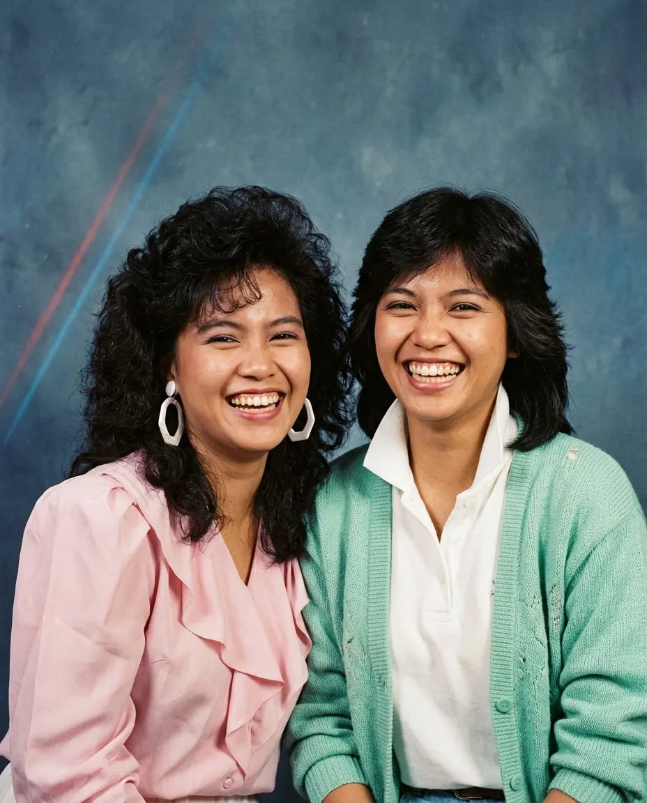 A 1986 studio portrait of two adult friends laughing at the camera, one with big permed hair in a pink ruffled blouse and one with a feathered cut in a mint cardigan, against a mottled blue backdrop with laser streaks