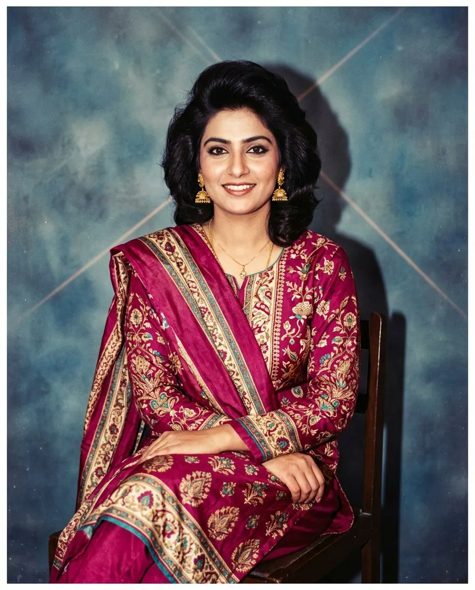 A 1986 studio portrait of a woman with voluminous blow-dried hair and gold jhumka earrings in a magenta embroidered shalwar kameez and dupatta, seated on a wooden chair against a mottled blue backdrop with soft film grain