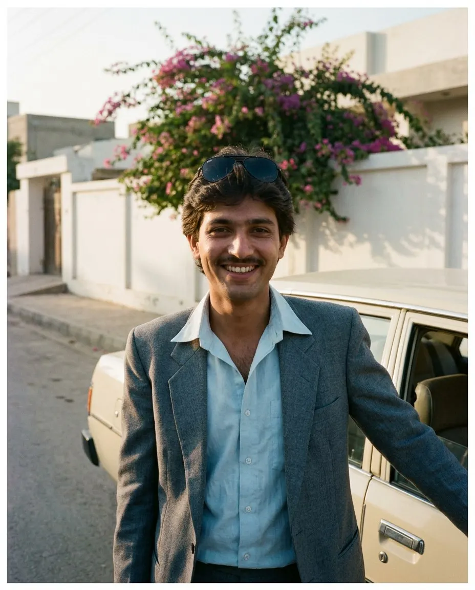 A 1986 street snapshot of a smiling man with feathered hair and sunglasses pushed up on his head, in a grey blazer over a pale blue shirt, leaning on a cream sedan beside a bougainvillea wall in Karachi