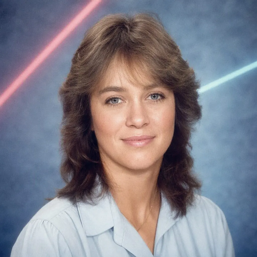 An Australian school photo from 1986: a teenage girl in a checked summer uniform against a mottled blue backdrop with laser streaks