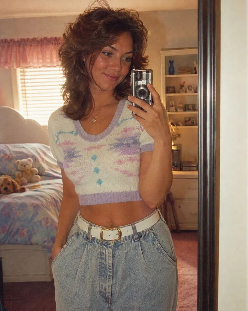 The bedroom mirror selfie becomes a 1986 studio portrait: the phone disappears and the hair goes big.