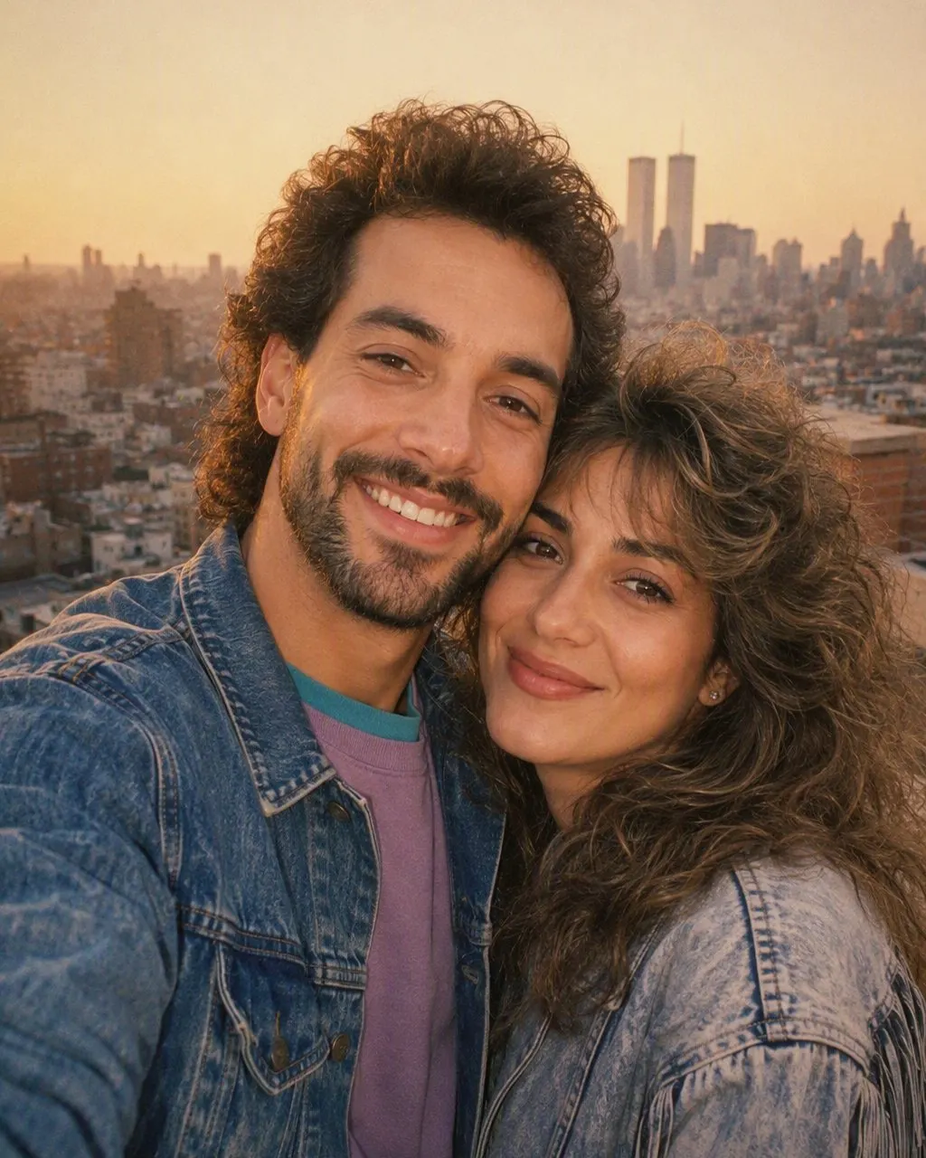 A couple restyled as a mid-1980s studio portrait with feathered hair and a pastel laser backdrop