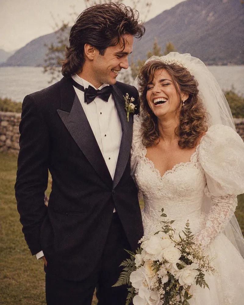 A modern bride and groom get puff sleeves, a wide-lapel tuxedo and a soft-focus flash.
