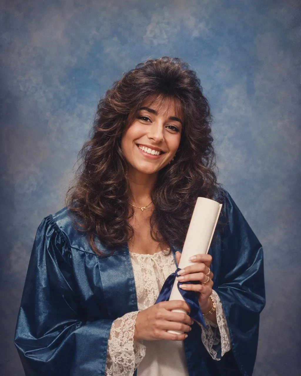 A graduation photo restyled as a mid-1980s studio portrait with gown, cap and film grain