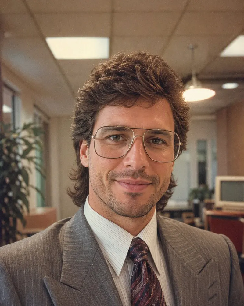 An office headshot gains a wide-shouldered suit and oversized glasses frames.