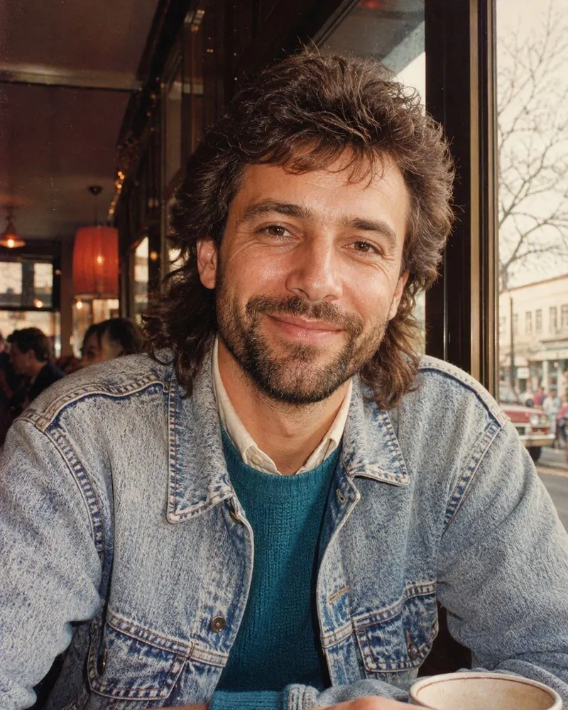 A café portrait gets feathered hair, a shoulder-padded blazer and a hard direct flash.